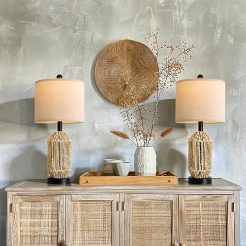 OYEARS 21" Boho Table Lamps Set of 2 for Living Room, Bedside Lamps for Nightstand, Rattan Lamp for Bedroom, Farmhouse Table Lamps for Boho Decor, End Table, Retro, Black - Image 6
