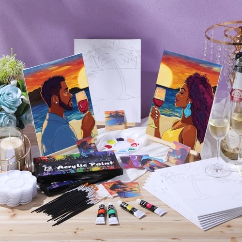 Ctosree 72 Pcs Lovely Couple Paint and Sip Kit for Adults 8'' x 10'' Pre Drawn Canvas for Painting DIY Pre Printed Canvas for Party Favor Afro Acrylic Painting Kit Wood Easel Brushes Date Night Bulk - Image 2