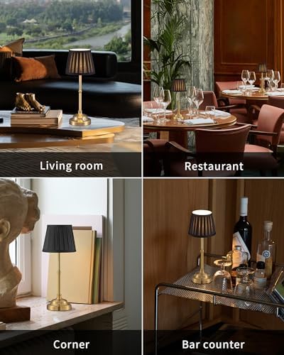 KDG Gold Cordless LED Table Lamps Set of 2, Black Fabric Shade Desk Lamps - Image 6