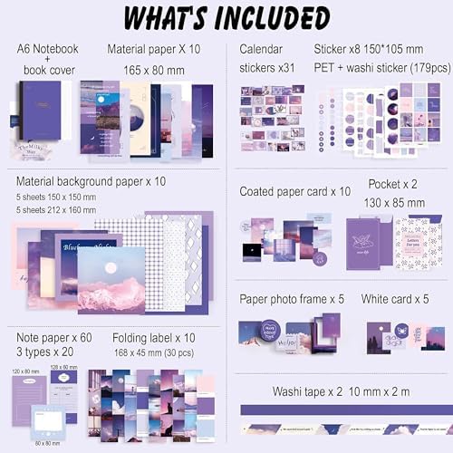 ATIRAMANIYA Vintage Aesthetic Scrapbook Kit(346Pcs) Scrapbooking Supplies Kit with Bullet Junk Journal,Stationery,A6 Grid Notebook Journaling Gift for Girl (Purple Scrapbook) - Image 2