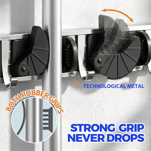 Holikme Mop Broom Holder Wall Mount Metal Pantry Organization and Storage Garden Kitchen Tool Organizer Wall Hanger for Home Goods (4 Positions with 4 Hooks, Black) - Image 3