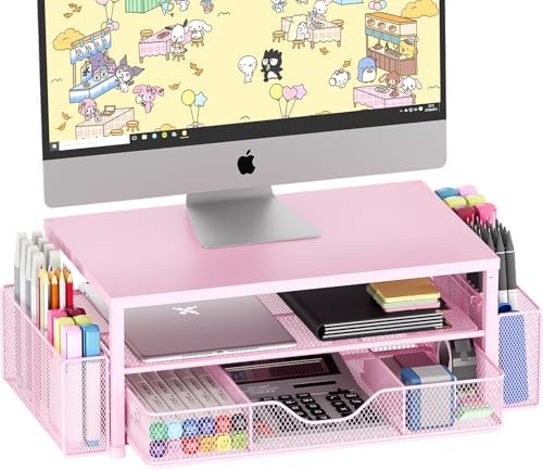 OPNICE Desk Organizer and Accessories, 2-Tier Computer Monitor Stand Riser with Drawer and 2 Pen Holders, Laptop Stand, Office Desk Accessories for Office Supplies, Pink by OPNICE