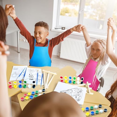 48PCS 12 Sets Printed Canvas Paint Art 12 Pcs Wooden Easel Set Paint Pots and Brushes and 12 Pre Drawn Canvas Panel 12 Pcs Mini Apron and Tote Bag for Kids(Animal) - Image 6