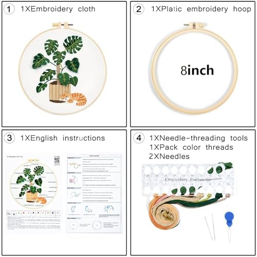 Monstera Embroidery Kits for Beginners Adults, Cat Hand Embroidery Kits, Potted Plant Cross Stitch Kits for Beginners DIY Craft Kits for Adult Women, Entire Set of Embroidery Supplies & Video Tutorial - Image 3