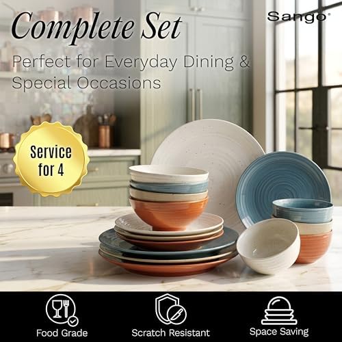 Sango Siterra Painter's Palette 16-Piece Stoneware Dinnerware Set - Service for 4, Ceramic Plates and Bowls Sets, Chip Resistant, Rustic Dishware, Microwave & Dishwasher Safe Kitchen Dishes - Image 5