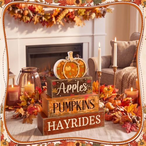 Moucuny 4 Pcs Fall Table Decoration for Home, Wooden Pumpkins Harvest Decor - Image 4