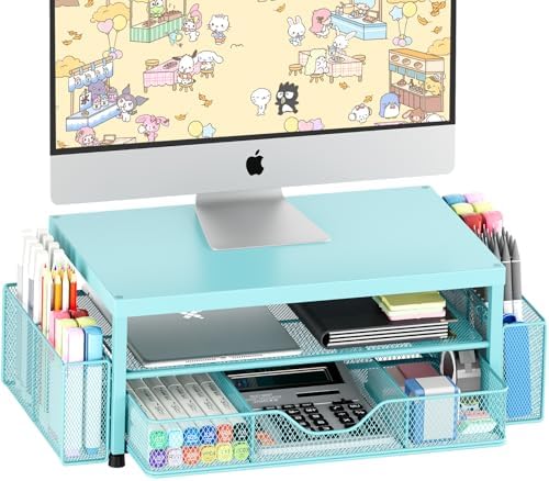 OPNICE Desk Organizer and Accessories, 2-Tier Computer Monitor Stand Riser with Drawer and 2 Pen Holders, Laptop Stand, Office Desk Accessories for Office Supplies, Teal Blue by OPNICE