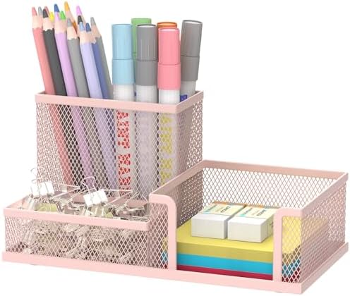SUPEASY Mesh Pen Holder Desk Organizer, Office Supplies Pencil Storage with 3 Compartments, Office Desk Accessories and Workspace Organizers for Home School Classroom, Pink by SUPEASY