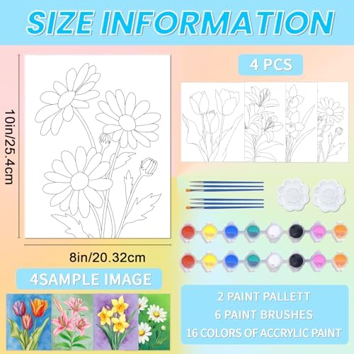 ACRNIGHEET 4PCS Pre Drawn Canvas for Painting for Adults Flower Theme Paint and Sip Kit Pre Printed Framed Canvases Set Pre Drawn Canvas Painting Set Couples Date Night Party Supplies 8 X 10 Inch - Image 2