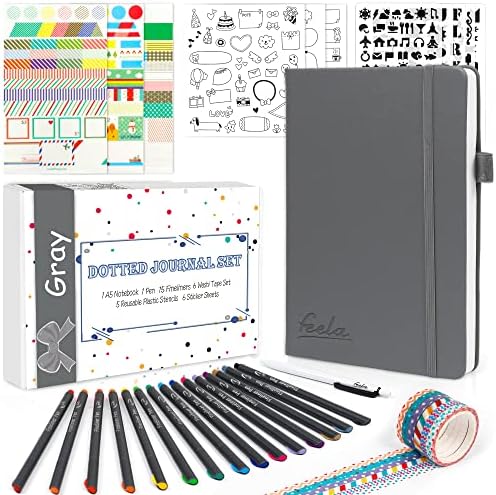 feela Dotted Journal Kit, Dot Grid Journal Hardcover Planner Notebook Set For Beginners Women Girls Note Taking with Journaling Supplies Stencils Stickers Pens Accessories, A5, 224 Pages, Gray by feela
