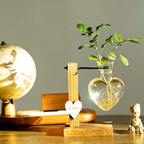 Kingbuy Hydroponic Glass Vase Vintage Desktop Plant Terrarium Planter Bulb Vase Water Planting Propagation Vase Planters Hydroponics Plants with Retro Wooden Stand Home Garden. (D(1 Heart Vase)) - Image 2