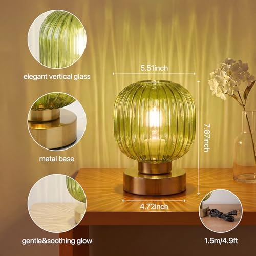 Elenhome Green Touch Glass Table Lamp Set of 2, 3-Way Dimmable Bedside Lamps, Vintage Mid-Century Modern Nightstand Lamps for Bedroom and Living Room, Ambient Mood Lighting, LED Bulb Included - Image 4