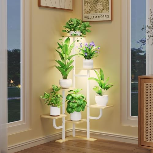 Homsorout Corner Plant Stand with Grow Light - 6 Tier Plant Stand Indoor Square Metal Plant Shelf with Adjustable Light, Plant Organizer for Living Room, Garden, Home Decor, Maple by Homsorout