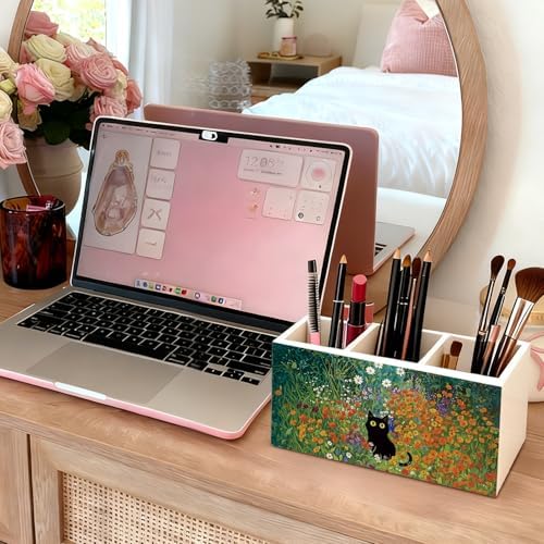 Black Cat Pen Pencil Holder for Desk, Black Cat Mom Lady Lovers Gifts for Women, Pet Lover Gifts, Cottagecore Wildflower Kitten Wooden Box Sign Decorations for Home Office Desk Tabletop - Image 5