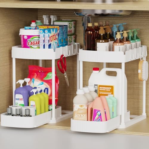 2 Packs Under Sink Pull-Out Storage Organizers, 12.8 Inches, White by ukeetap