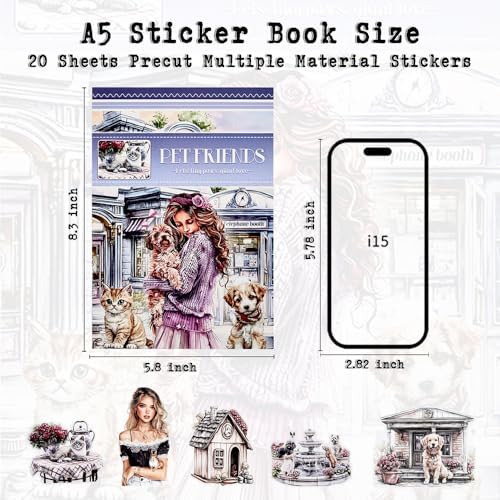 Pet Friends Journal Sticker Book for Adults Journaling, Scrapbook PET Washi Stickers for Scrapbooking, Junk Journal Supplies, Collage, Bujo, A5, 20 Sheets - Image 5