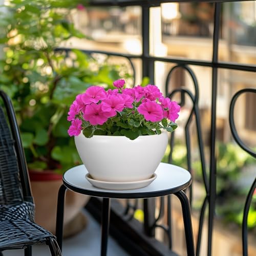Ceramicfor Ceramic Planter - 9 Inch Plant Pot Indoor with Drainage Hole and Saucer for Outdoor Plants Mid-Century Round Planter Modern Flower Pot for House Garden White - Image 2
