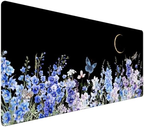 Black Desk Mat, Blue Violet Wildflower XXL Mouse Pad 35.4x15.7 in by HUADO