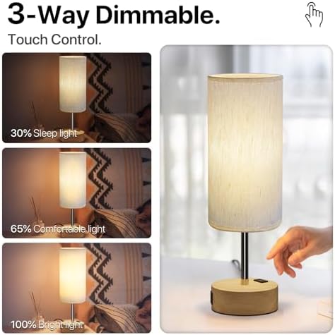 KPQ Bedside Lamp Touch Control Table Lamp with USB A+C Charging Ports & AC Outlet 3-Way Dimmable Nightstand Lamp with Linen Fabric Shade (Beige Shade-Wood Base, 14" Small Size Touch Control) - Image 2