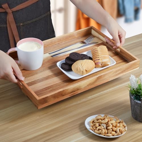 2 Pack Acacia Wood Serving Tray with Handles - 17 Inch Large Wooden Tray for Ottoman, Breakfast in Bed, Dinner, Coffee Table - Image 6