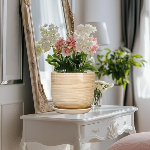 Indoor Plant Pot 8 Inch - Cylinder Modern Ceramic Planter for Indoor Outdoor Plants with Drainage Hole and Saucer, House Office Home Room Desk Decor, Yellow - Image 5