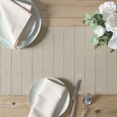 ZeeMart Linen Checked Farmhouse Table Runner, 13x48 Inches Oatmeal - Image 5