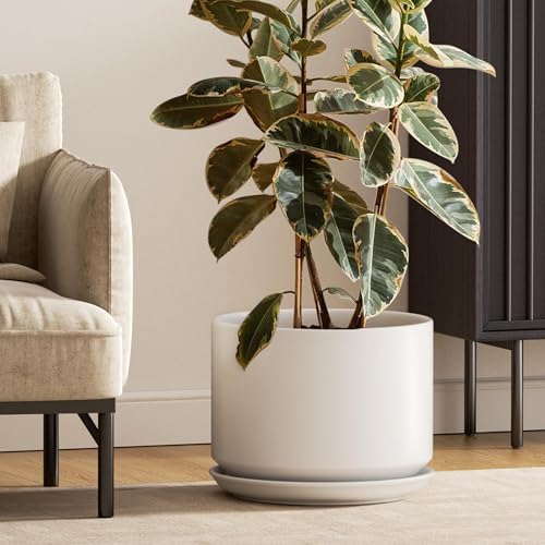 LE TAUCI 12 Inch Pots for Plants, Ceramic Plant Pots with Drainage Holes and Saucers, Elegant and Durable Large Plant Pot, Perfect for Home & Office Decor, White by LETAUCI