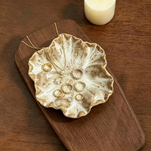 Boho Floral Jewelry Dish - Glazed Ceramic Ring Holder, Rustic Trinket Tray for Vanity Nightstand Bathroom Counter, for Keys Jewelry, Perfect Birthday Bridesmaid Housewarming Gift for Women（Brown） - Image 2