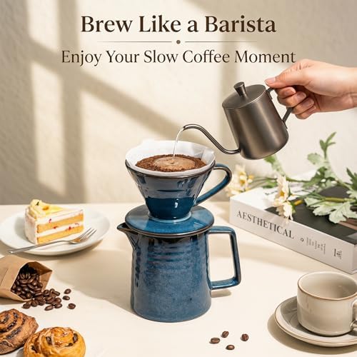 Topadorn Ceramic Pour Over Coffee Maker Set with Stoneware Mug, Rustic Blue - Image 3
