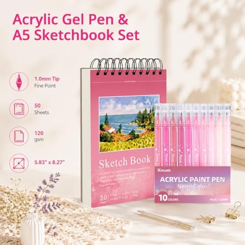 Acrylic Gel Pens for Coloring, 10 Pink Gel Pens with A5 Sketchbook - Image 2