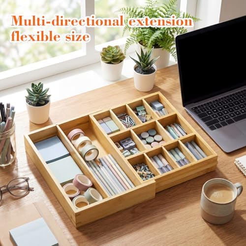 Bamboo Sliding Desk Drawer Organizer 9'' up to 17.9'' x 12'' x 2.2'' Expandable Office Desk Accessories Supplies Tray with 11 Compartments for Pens, Notebooks, Rulers, and Makeup Jewelry Vanity - Image 4