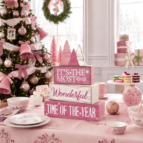 Moucuny 4 Pcs Christmas Table Decoration Wooden Pink Wooden Christmas Tree - Image 3