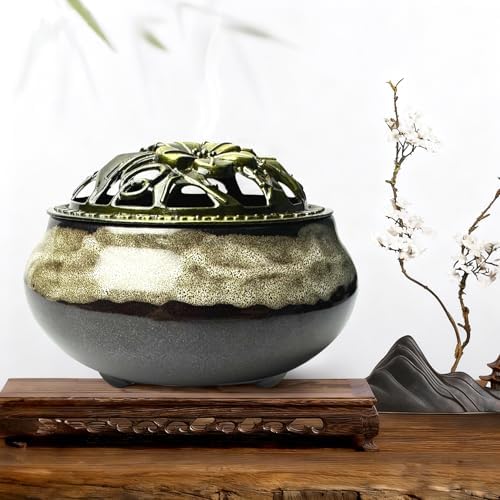 Ceramic Incense Burner, Bowl Burner,Cone Incense Burner with Brass lid for use with Stick or Cone-Shaped Incense，Lotus Incense Stick Holder Calabash Incense Stick Holder, 3pc (Fambe White) - Image 3