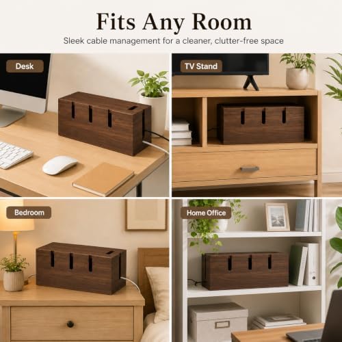 Large Wood Cable Management Box, Wooden Cord Hider Box for Power Strips, Walnut Finish Cable Organizer with 20 Reusable Ties for Desk, Floor & Home Office - Image 6