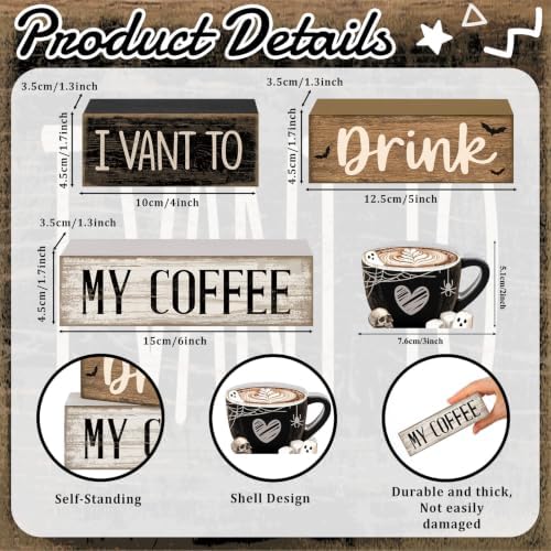 Moucuny 4 Pcs Halloween Coffee Wood Blocks Tiered Tray Decor Farmhouse - Image 3