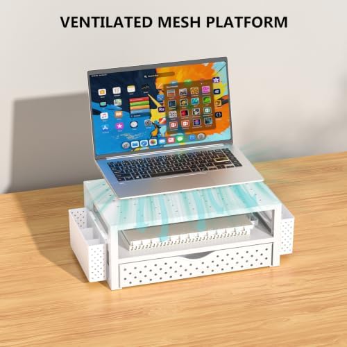 WALI Desk Organizer with Drawer and Pen Holder, 3 Tier Computer Monitor Stand for Home Office Supplies, Laptop Stand Riser for Computer, Laptop, Printer(PTT004-W), 1 Pack, White - Image 4