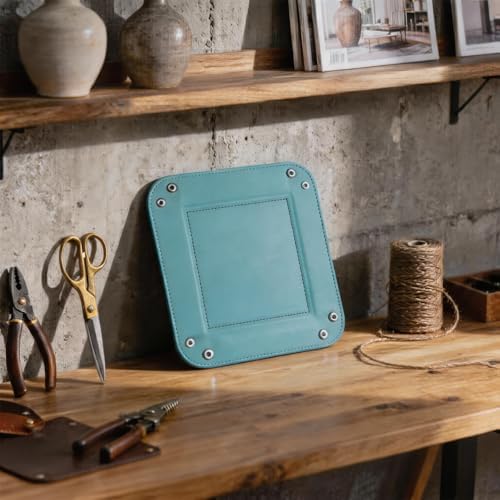 Valet Tray Desktop Storage Organizer – Vegan Leather Catchall Tray Bedside Vanity Tray Nightstand Caddy Holder for Remote Controller, Watch, Keys, Phone, Wallet, Coin, Jewelry, Sky Blue - Image 2