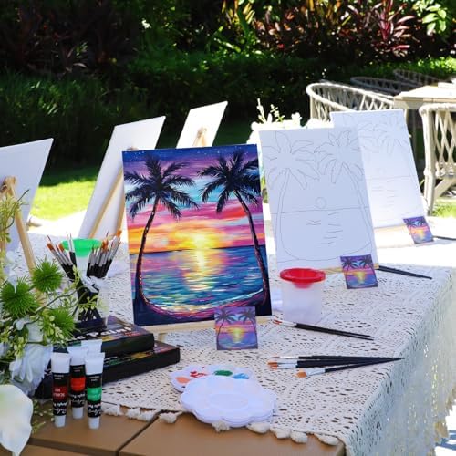 Cholemy 8 Set Paint and Sip Kit for Adults 8'' x 10'' Pre Drawn Canvas with Wooden Easels Acrylic Paint Brushes Wash Cup Palette Apron for Painting DIY Date Night Party Supplies(Sunset) - Image 2