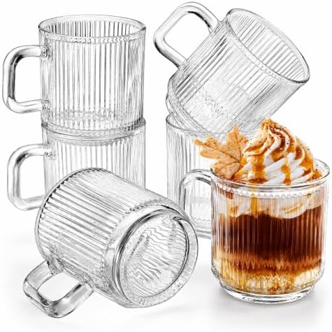 Noamus 6 Pack Premium Glass Coffee Mugs with Handle, 12 Oz Classic Vertical Stripes Glass Tea Cups, Transparent Ribbed Beverage Mugs, Clear Vintage Glassware Set for Hot Cold Americano, Cappuccino by Noamus