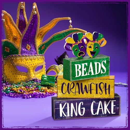 Moucuny 4 Pcs Mardi Gras Wooden Block Signs Farmhouse Table Decoration - Image 4