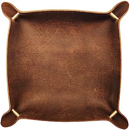 Leather Valet Tray Entryway Catchcall Tray Nightstand Organizer Storage for Wallets Watches Keys Holder Dish Bowl Coins Office Desk Accessory (Antique Brown-Oil Wax Leather). - Image 2