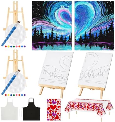 Yeaqee 13 Pcs Sip and Paint Kit for Adults Stretch Canvas Date Night Valentines Painting Kit Supplies Art Painting Set Outline Design Blank Stretch Canvas for Couple Party(Heart,10 x 8 Inch) by Yeaqee