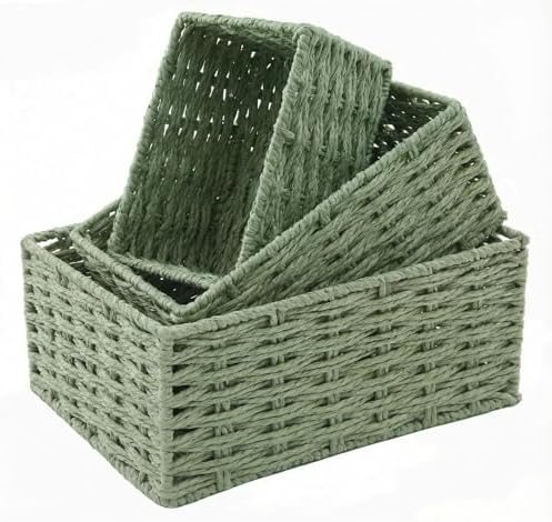 Small Wicker Basket for Organizing, Woven Storage Basket Set of 3 - Handwoven Natural Paper Rope Baskets to Declutter Any Room, Perfect for Organizing and Home Decor (Green) by Unknown