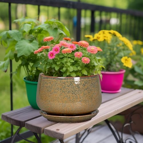 G EPGardening Ceramic Planters - 9 Inch Ceramic Pots for Plants Indoor Outdoor, Round Planter with Drainage and Saucer, Modern Indoor Flower Pots, House Room Decor, Gift for Women Men, Speckled Brown - Image 3