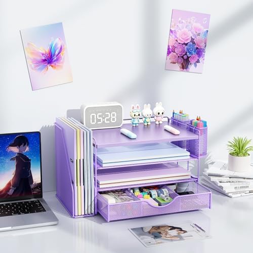 gianotter Wood Desk Organizers and Accessories with File Holder, 4-Tier Desk Accessories & Workspace Organizers with Drawer and 2 Pen Holder, Desk Reference Organizer (Purple, 4T with Metal Drawer) - Image 7
