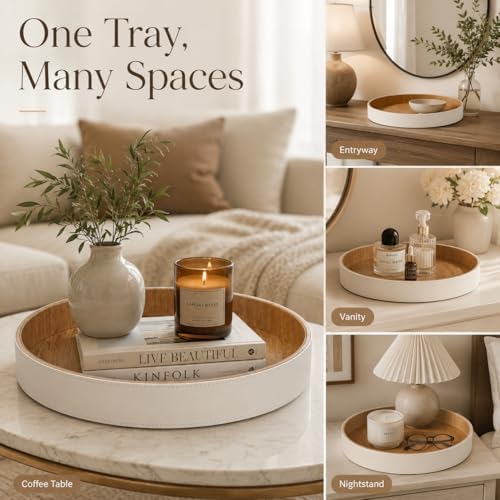 GORESE Round Coffee Table Tray, 12 in PU Leather Tray for Home Decor, Cream White & Wooden - Image 5