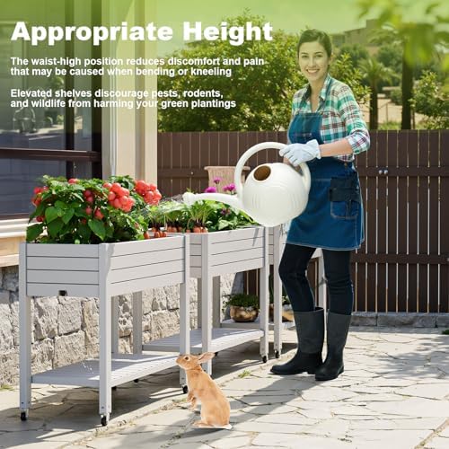 Elevated Raised Garden Bed with Wheels,Outdoor Large Resin Patio Planter Box Stand Divisible with Drain Plug,Water Monitor for Plants Vegetables Flowers Fruits(Ashen) - Image 4