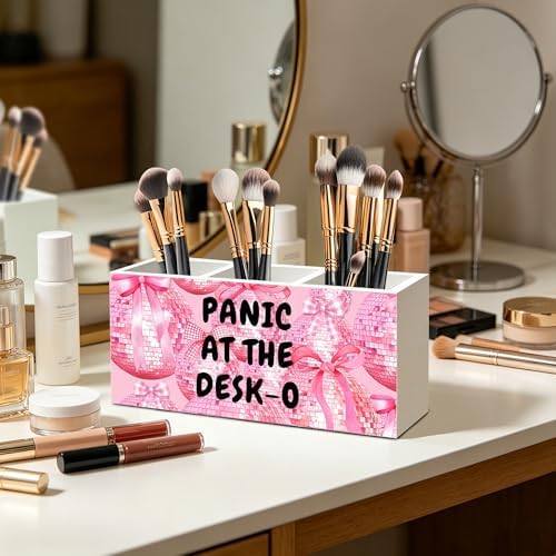 Funny Office Humor Pen Pencil Holder Organizer, Pink Office Desks Decor Accessories, Panic at the Desk-o Funky Y2K Pink Disco Ball Wood Signs for Cubicle Workplace Desk Tabletop Decor - Image 3