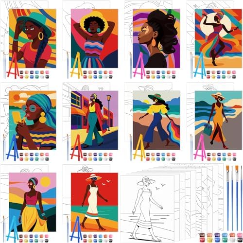 Blosssound 10 Set Pre Printed Canvas Pre Drawn Canvas Painting with Easel Kits 5" x 7" Outline Painting Panels for Beginners, DIY Craft Project, Party Favor, Home Decors(Modern Lady) by Blosssound