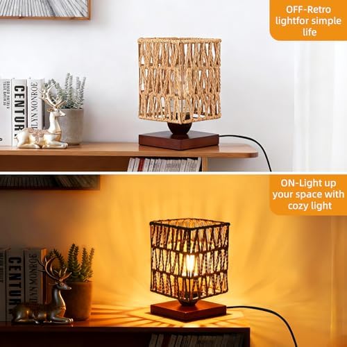 Small Rattan Table Lamp,Boho Mini Bamboo Bedside Lamps for Bedroom,Handwoven Vintage Wicker Nightstand Lamp with LED Bulb,Woven Ambient Night Light for Living Room Office Entryway Home Decor - Image 3
